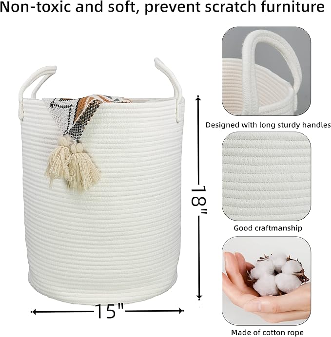 Cotton Rope Laundry Basket Hamper for Clothes Decorative Woven Storage Basket for Living Room Bedroom Boho Tall Rope Baskets for Blanket Toys Baby Nursery Hamper Bin Large white