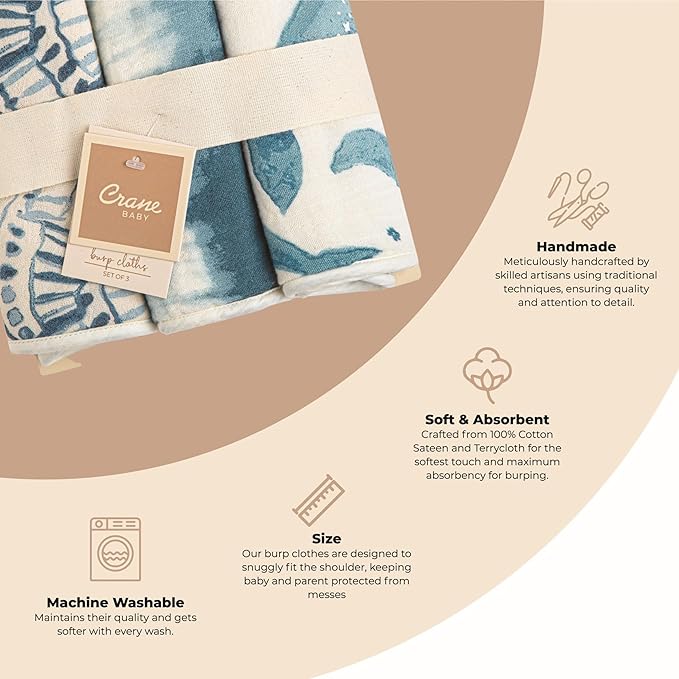 Crane Baby Muslin Burp Cloths, Nautical Theme Whale Design, Baby Boy Essentials, Cotton, Set of 3, 7" x 20" Blue Burp Cloth Set