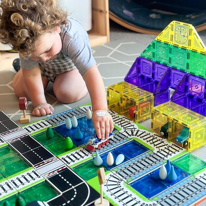 Learn & Grow Magnetic Tiles Train Track Road Toppers Set - 40PCs Road Expansion Pack (Tiles not included), Magnet Car Play Accessories, STEM Building Toy - Construction Toys for Toddlers & Kids Age 3+