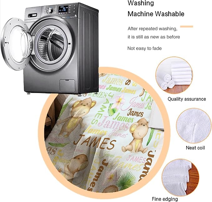 Personalized Baby Blanket for Girls Boys Monkey Custom Baby Blanket with Name Swaddle Blanket for Toddlers Infants Kids Shower Newborns Nursery Stroller Crib Decor Throw Birthday Gift