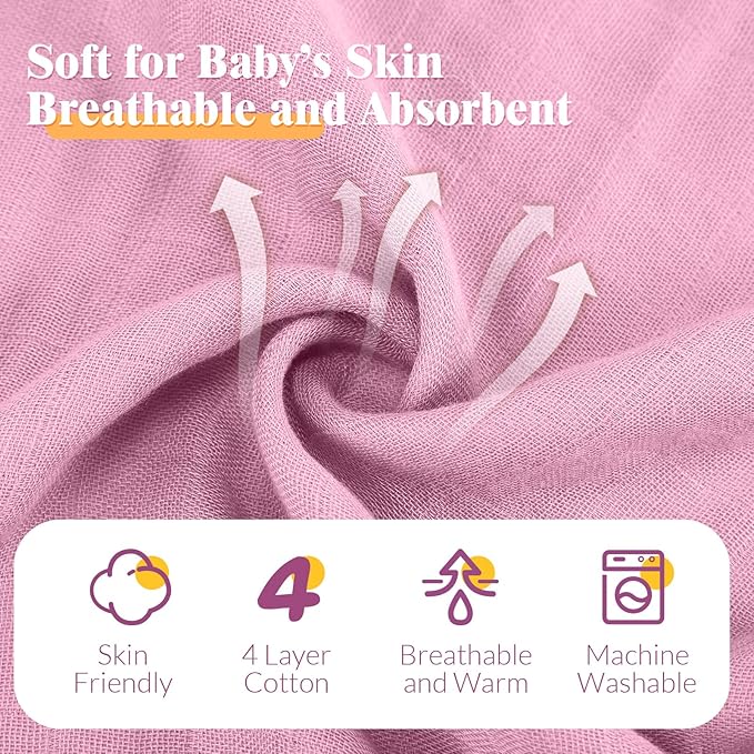 Preboun 6 Pcs Muslin Hooded Baby Towels and Washcloths 32"x 32" Cotton Newborn Bath Towel Anti-Shrink Infant Baby Blankets with Hood 12"x 12" Washcloths for Girl Boy Toddler(Rose Red,Pink)