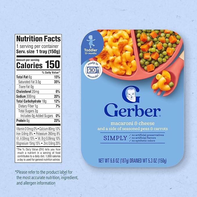 Gerber Mealtime for Toddler Macaroni & Cheese with Side of Seasoned Peas & Carrots, 6.6 Ounce (Pack of 8)