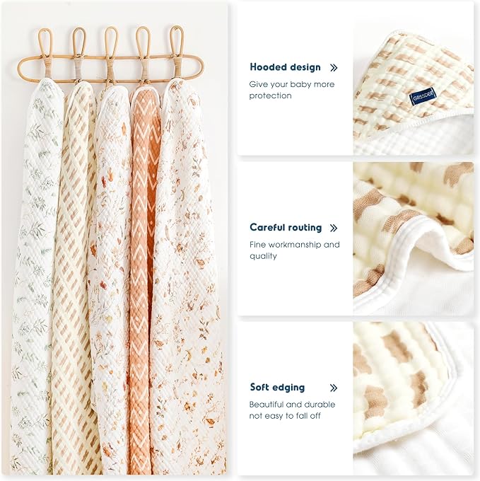 GRSSDER Ultra Soft Absorbent Muslin Cotton Baby Hooded Towel 2 Pack with Original Patterns, Extra Large Size 35"x 35" Swaddle Wrap for Newborn Infant and Toddler