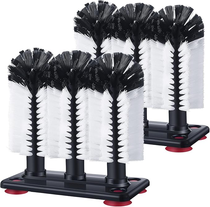 Havawish 2 Pack Water Bottle Cleaning Brush with Suction Base, 3 Head Bristle Bar Glass Washer for Sink, Cup Washer Brush Cleaner for Bar Beer Cup, Wine Glass(7.3 x 3.7 x 7.5)