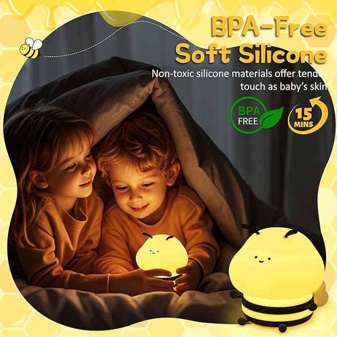 Bee Gifts, Cute Bee Night Light, Animal Silicone Nursery Lamp with Dimming and Timing Function, 9 Lighting Effects, Cute Room Decor Lights
