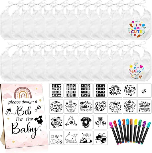Newwiee 55 Pcs White Bibs for Baby Decorating Design a Bib Decorate Plain newborns Bibs Wooden Sign for Baby Shower Games Kit