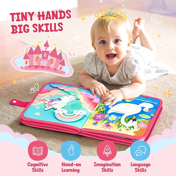JoyCat Travel Toys for Toddlers 1-3, Princess Busy Book – Busy Book for 1 Year Old, Dress-Up, Unicorn & Castle Play –Quiet Toy Fine Motor Skills, Birthday Gift Girls