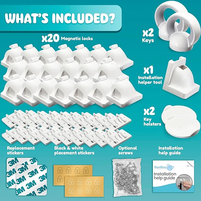Booboo® Magnetic Child Safety Cupboard Locks for Children x20 Locks + x1 Key, Baby Proofing for Kitchen, Cabinets and Drawers, 30 Second Install No Drilling 3M Adhesive (20 Pack)