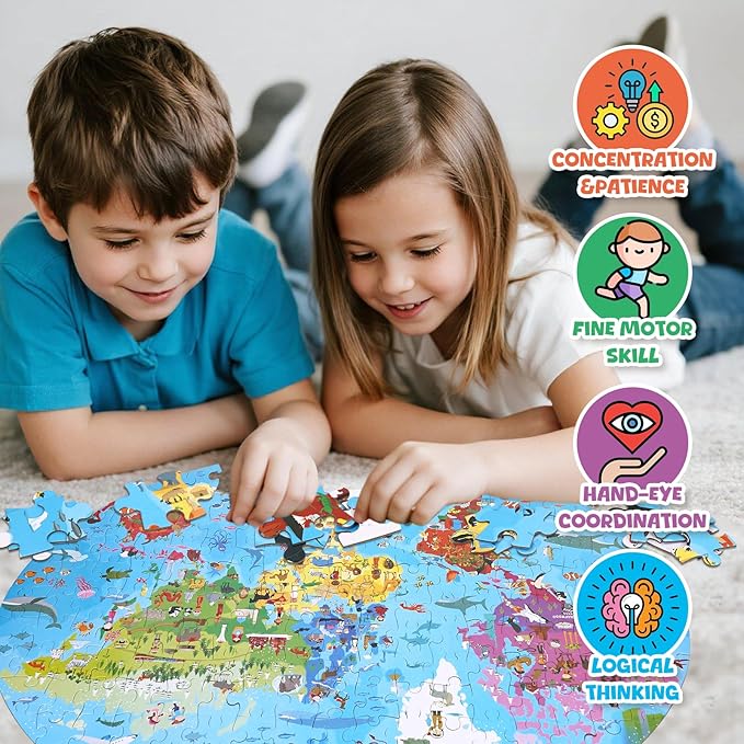 World Map Puzzle for Kids & Adults - 205 Piece World Map Jigsaw Puzzles Floor Puzzles Toddler Geography Educational Toys for Boys and Girls, Globe Atlas Puzzle Maps for Kids Learning Games