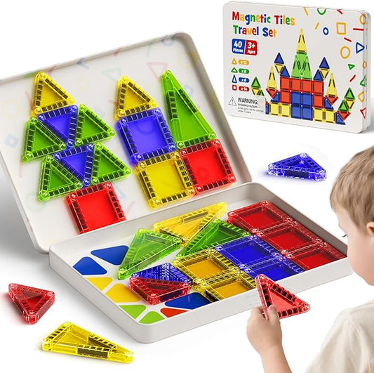 Mini Magnetic Tiles for Kids Travel - 40pcs STEM Building Blocks with Visual Storage Guide & Metal Box Play Base, Toddler Airplane Activities Toys for Ages 3-5,4-8, Compact Travel Toys