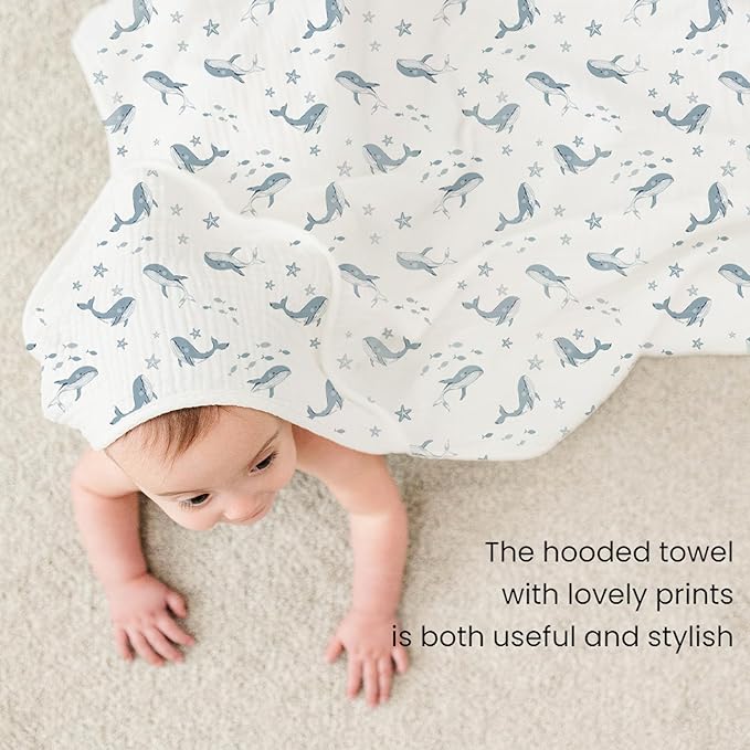 Konssy 2-Pack Muslin Hooded Baby Towels, 100% Cotton, Ultra-Soft & Absorbent Baby Bath Towels with Hood for Newborn & Infant (Blue, Blue Whale, 32" x 32")
