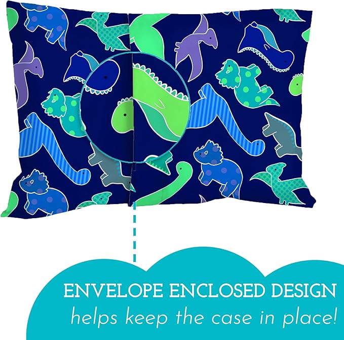 Little Sleepy Head Toddler Pillow with Pillowcase 13x18 - Kids Pillow for Sleeping - Better Neck Support Ergonomic Pillow and Toddler Pillowcase - Best Pillows for Kids (Dinosaurs Blue)