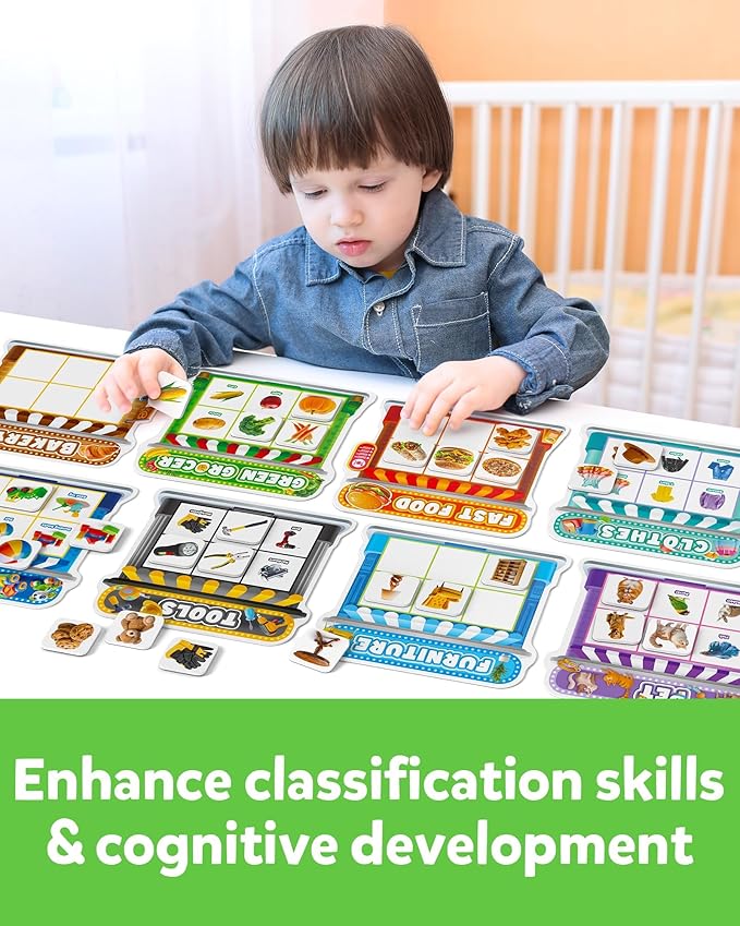 Coogam Magnetic Sorting Toys, Montessori Fridge Magnets Matching Game, Food Pets Grocery Furniture Category Recognition, Educational Learning Fine Motor Toy Gift for Toddler Ages 3-8