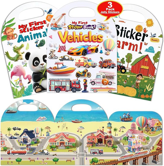 3-Pack Reusable Sticker Books for Toddlers 2-4 Years, Vehicles Truck, Animals & Farm Jelly Activity Stickers for Boys Girls Road Trip Airplane Train Travel Essentials Toy for Kids Birthday Gifts