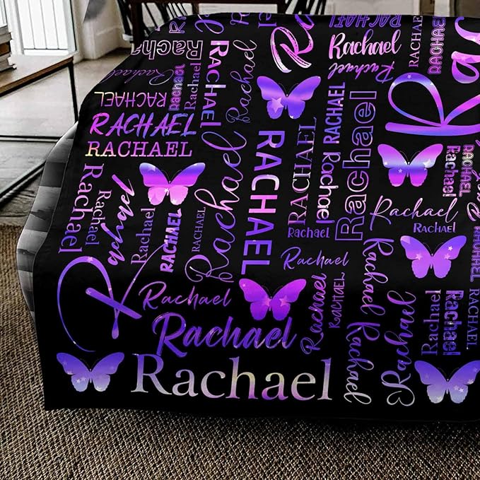 Personalized Name Blanket for Kids Adults, Custom Blanket with Name for Girls Boys, Purple Butterfly Blankets and Throws Super Soft Flannel Blankets Gifts for Christmas Birthday