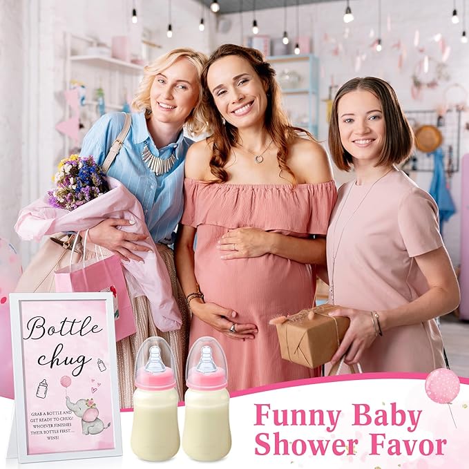 Roowest Bottle Chug Baby Shower Game Favors Including Pink Elephant Theme Wooden Sign and 18 Pcs Baby Bottles for Gender Reveal Party Supplies