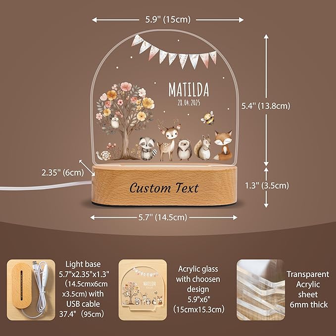 Personalized Baby Gifts for Kids, Custom Name LED Acrylic Plaque Night Light, Safari Jungle Animals Lamp, Perfect Baby Shower Newborn Christmas Gifts for Boys Girls, Children's Nursery Decor