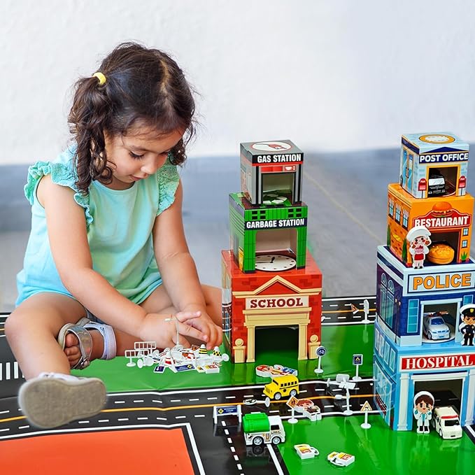 Cinrobiye Community Helpers Sorting and Stacking Set with Wooden Figures Traffic Signs Vehicles Modern City Mat Vehicle Preschool Learning Montessori Game Nesting Boxes for Boys Girls Birthday Gift