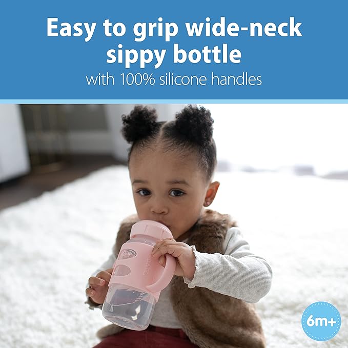 Dr. Brown's Milestones Wide-Neck Sippy Spout Bottle with 100% Silicone Handles, Easy-Grip Handles with Soft Sippy Spout, 9oz/270mL, Light-Pink, 2-Pack, 6m+