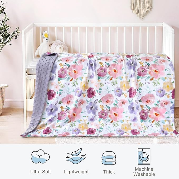 HOMRITAR Baby Blanket for Girls Soft Lightweight Minky Blanket with Double Layer Dotted Backing for Infant Toddler Nursery Crib with Purple Floral Design 30 x 40 Inch