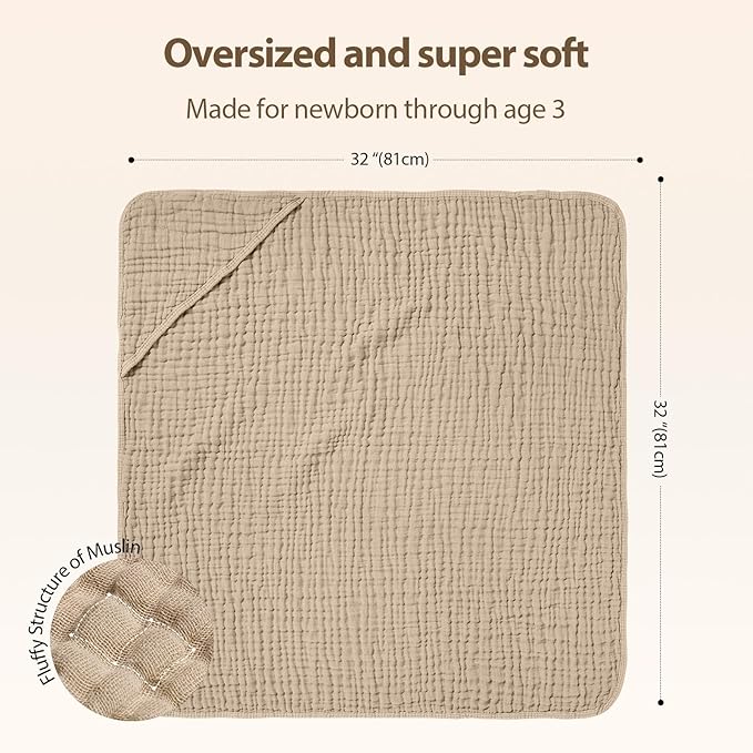 Hooded Baby Towels for Newborn - 2 Pack, 100% Muslin Cotton, Baby Bath Towels with Hood, Soft and Absorbent for Boys, Girls Infant, Toddler and Kids, Large 32x32 Inches, Newborn Essential