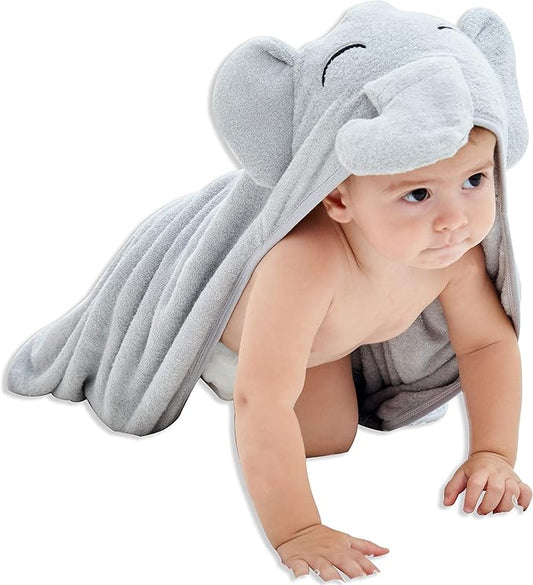 HIPHOP PANDA Hooded Towel - Rayon Made from Bamboo, Bath Towel with Bear Ears for Newborn, Babie, Toddler, Infant - Absorbent Large Baby Towel - Grey Elephant, 37.5 x 37.5 Inch