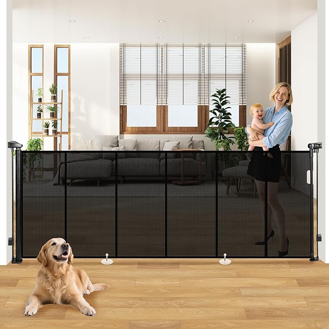 120" Extra Wide Retractable Baby Gates Dog Gate, Long Mesh Gate Pet Gate for Large Opening, 34" Extra Tall Child Safety Gate with Reinforced Strips for Stairs Hallways Doorways Deck Indoor Outdoor