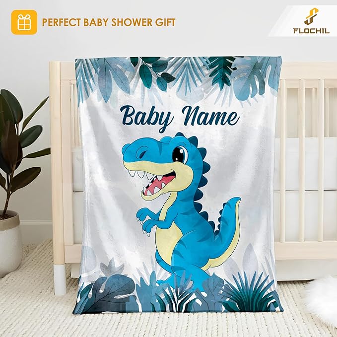 Personalized Baby Blankets, Custom Baby Blanket - Baby Blanket with Name for Boys, Best Gift for Baby, Newborn Elephants Flush Fleece (30x40) (Dinosaur)