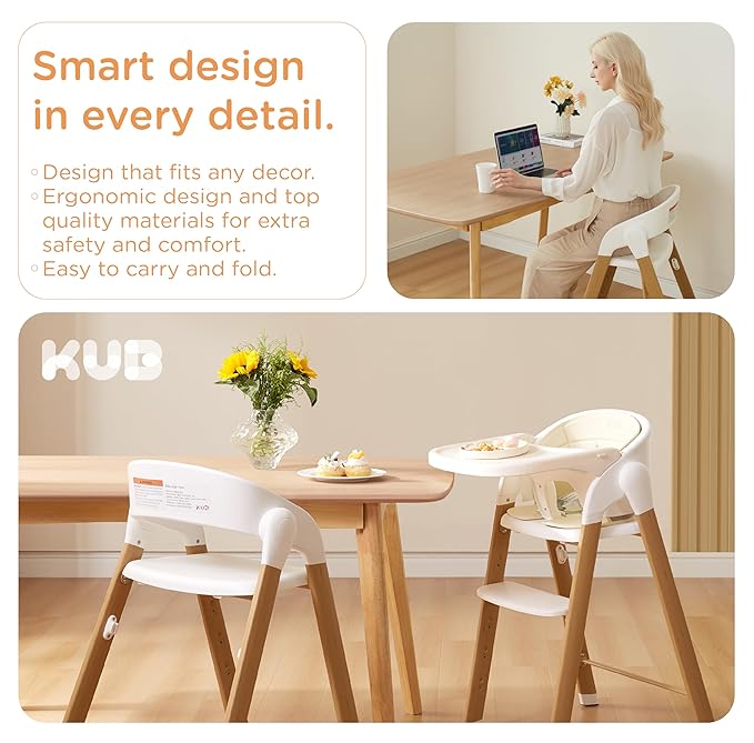 KUB High Chair for Babies and Toddlers Adjustable Foldable Convertible 5 Point Harness Easy Clean Wood-Printed Metal with Removable Tray Baby Highchair for Family (White&Natural Wood-Printed Metal)