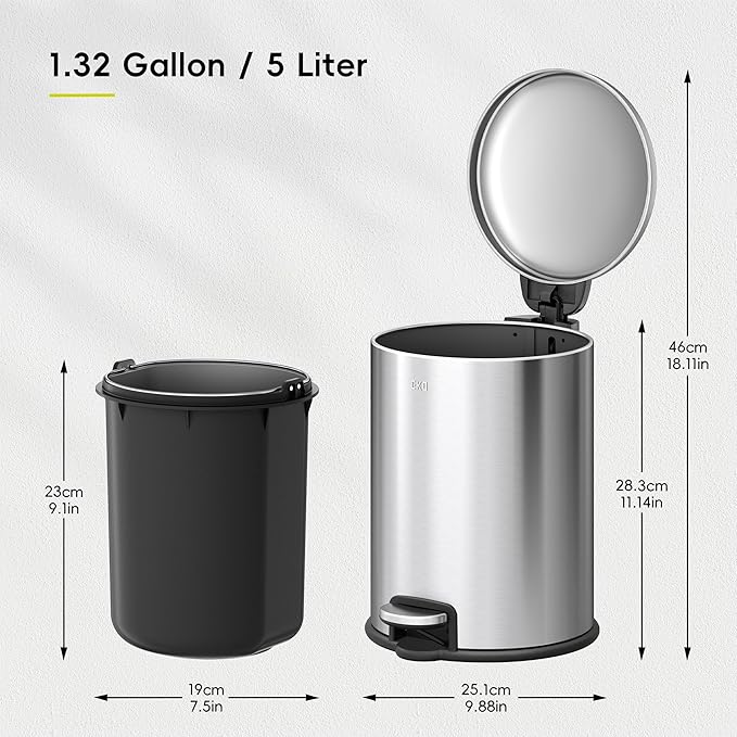 EKO Serene 5L / 1.32 Gallon Step Trash Can with Lid, Small Stainless Steel Round Garbage Can with Removable Inner Bucket, Compact Bin for Powder Rooms, Offices & Tight Bathroom Spaces.
