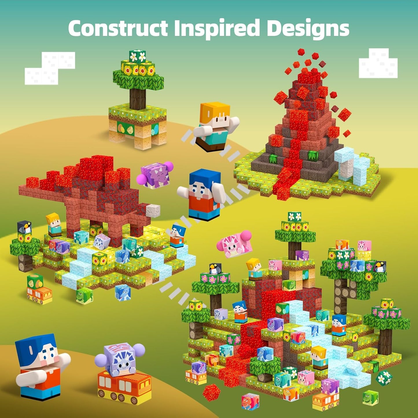 GobiDex 100PCS Magnetic Building Blocks Volcano Dinosaur Set for Toddler, Sensory STEM Toys for Kids Ages 3-5 5-7 4-8, Birthday Gifts for 3+ Year Old Boys Girls Kids