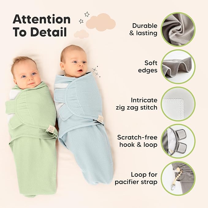 3-Pack Organic Swaddles for Newborns, Baby Sleep Sacks 0-3 Months - Baby Swaddle Wrap, Newborn Wearable Blanket, Infant Sleep Sack for Girls, Boys, Soft & Snug, Large Hook & Loop Closure (Ripple)