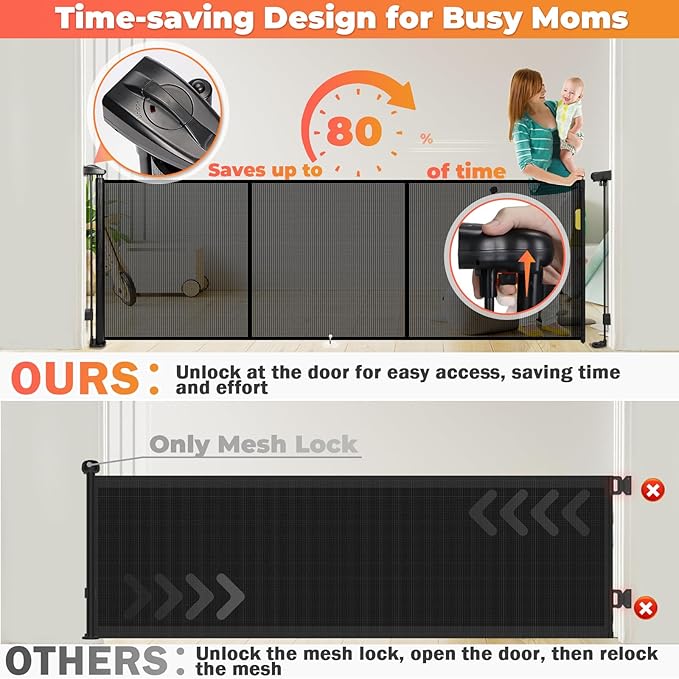 Retractable Baby Gates for Stairs, 78" Wide Retractable Dog Gate Pet Gate, 34" Extra Tall Child Safety Gate Toddler Mesh Gate with Support Rods for Doorways, Hallways, Deck, Porch, Indoor, Outdoor