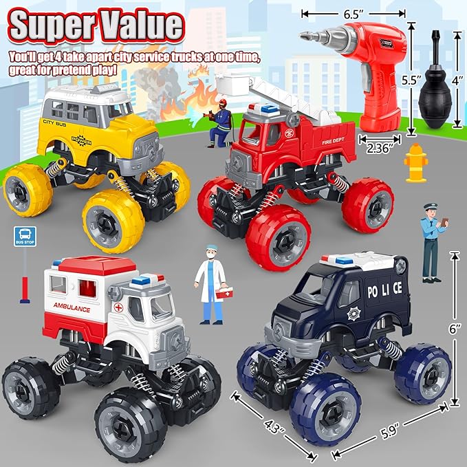 LUDILO Kids Boys Toys Age 4-6 5-7 6-8: 4 PCS DIY Assembly Building City Bus Ambulance Police Car Toy Fire Truck with Electric Drill, Stem Learning Toys Gifts for 3 4 5 6 7 8 Year Old Boys Girls Kids