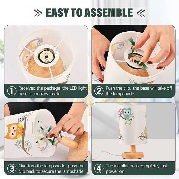 Table Lamp Cute Cartoon Owl with Baby Child on Tree Branch Nightstand Lamp with Wood Base Fabric Lamp Shade Bedside Desk Lamp for Living Room Bedroom Kids Room Office