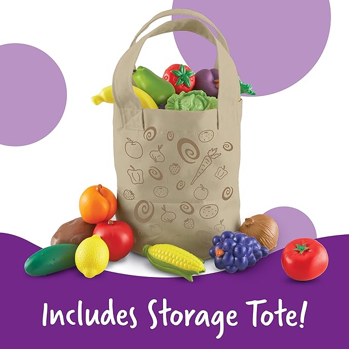 Learning Resources Fresh Picked Fruit And Veggie Tote, 17 Piece, Age 18 months+, Multicolor,8 L x 9 W in