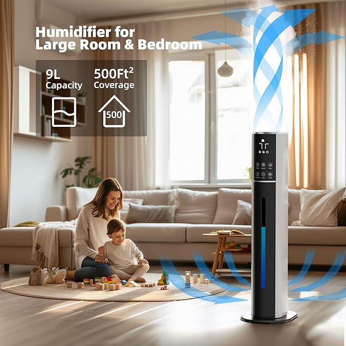 LUDATIDO Large Humidifier for Bedroom, 9L/2.5Gallon Cool Mist Humidifier with Humidistat, 360°Nozzle,350ML/H BigMist Level, Cover up to 550ft², Quiet 30db with essential oil diffuser