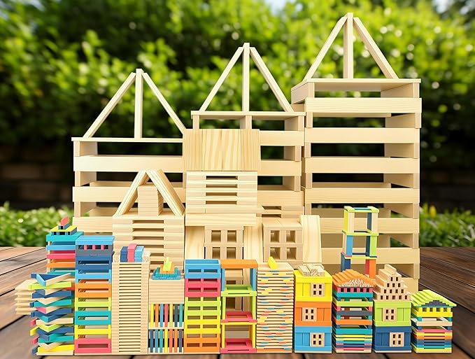300pcs Open Ended Wooden Building Blocks for Kids 6.6lb, Solid Rectangular Wood Construction Toys for Toddlers, STEM Building Set,Birthday Gift for Kids Ages 3-8 Small 4.7" - Pine Rainbow