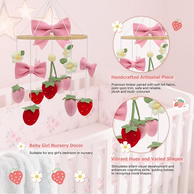 Strawberry Mobile for Crib Handmade Felt Nursery Decor Crib Mobile Goose for Bassinet Baby Shower Newborn Baby Gift (Bow Strawberry)