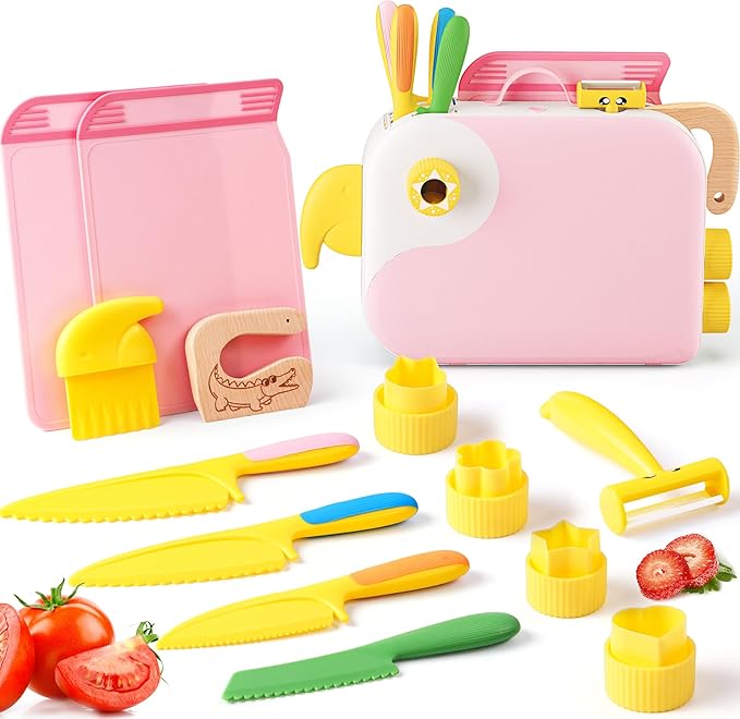 Toddler Girl Cooking Set with Storage Box-Girls Pink Kitchen Set,Safe PP Material Baby Girl Montessori Kitchen Tools for Real Cooking,Dishwasher Safe,Fun Bird-Shaped Little Chef Set