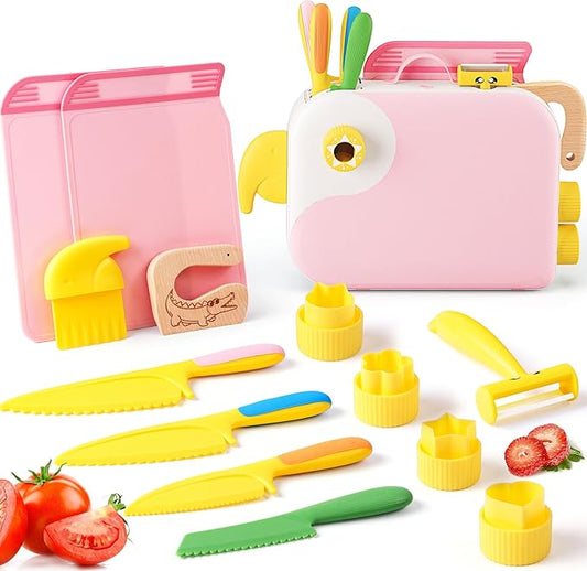 Toddler Girl Cooking Set with Storage Box-Girls Pink Kitchen Set,Safe PP Material Baby Girl Montessori Kitchen Tools for Real Cooking,Dishwasher Safe,Fun Bird-Shaped Little Chef Set