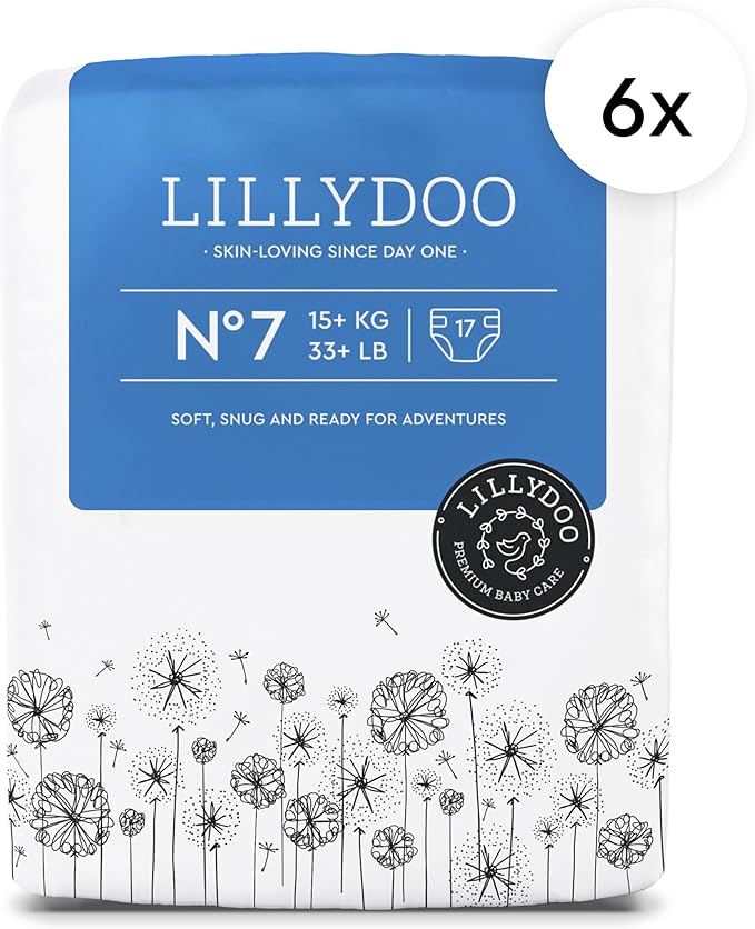 LILLYDOO Baby Diapers - Size 7 (33+ lbs), Monthly Supply (102 Count), Leak Protection, Skin-Friendly, Ultrasoft, Perfume- & Chlorine-Free, Hypoallergenic, Dermatologist Tested, Oeko-TEX®