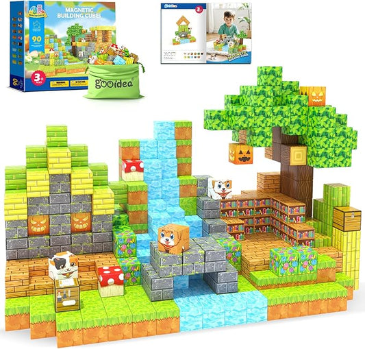 Large Magnetic Blocks 1" Building Cubes Toys for Kids Ages 4-6 5-7 8-12, Magworld Bamboo House Building Craft Construction Toy Set, Creative Sensory Toys Game Gift for 3+ Year Old Boys Girls