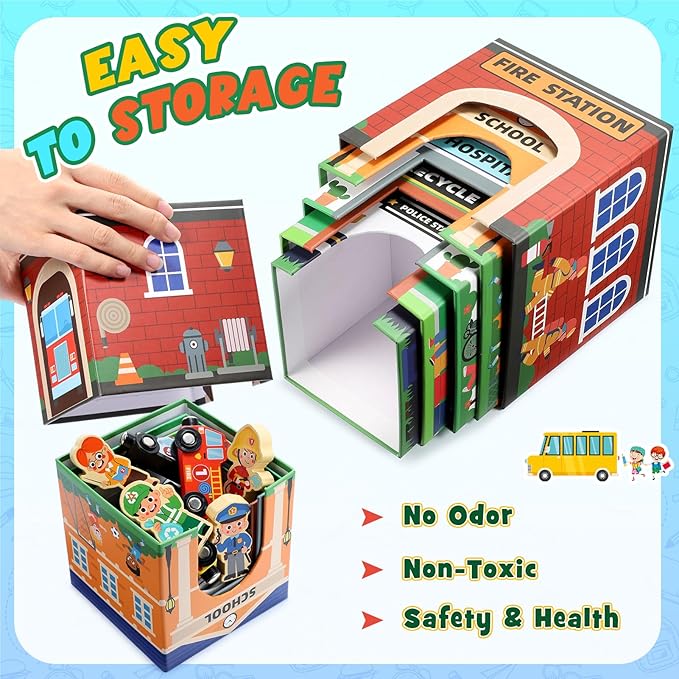 Baby Stacking Toys for Toddlers, Magnetic Wooden Cars & Garage Sorting Community Helpers Preschool Educational Learning Montessori Toys Birthday Gifts for Kids Number Blocks Nesting Boxes