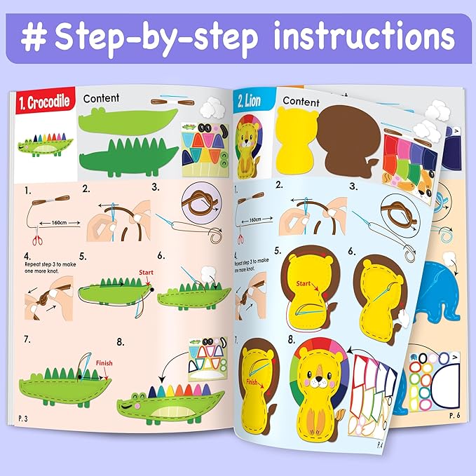 EZCRA Easy Arts and Crafts for Kids - No Mess Sewing Kit for Kids - 4 Easy to Do Cute Animals Sewing Projects - Fun Felt Stickers - Tools with Instruction - Gifts for Boys and Girls Age 4,5,6,7,8
