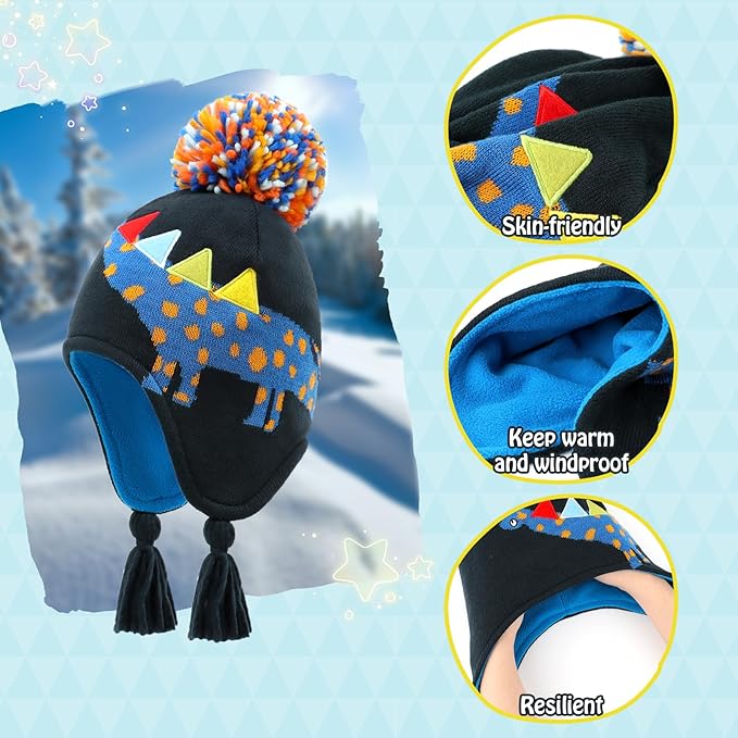 Duoyeree Kids Beanie Hat for Boys Girls Pom-pom Kint Hats Cozy Lining Winter Skull Cap