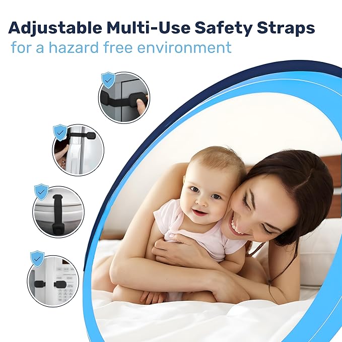 3M Adhesive Child Safety Strap Locks by Baby Proof Me, Baby Latches for Cabinets, Dishwashers, Fridges, Ovens and Trash Cans, Stain Free Toilet Lock (12 Safety Latches)