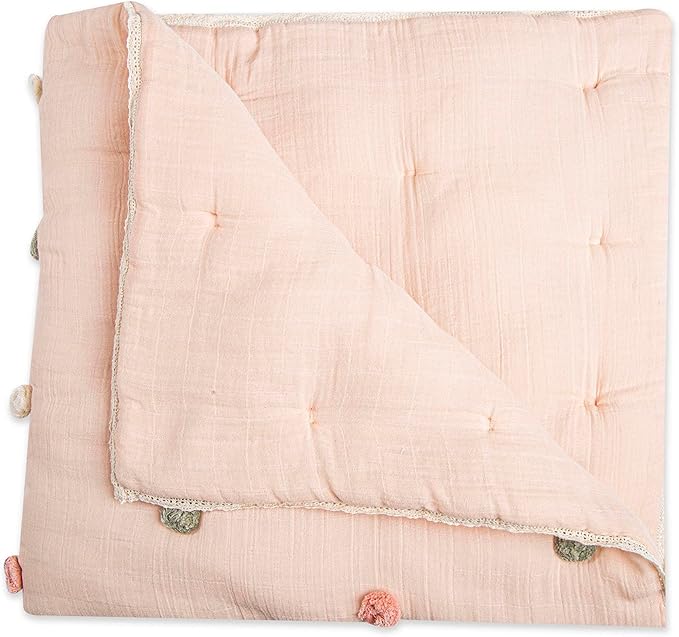 Crane Baby Soft Cotton Muslin Nursery Blanket with Pom Pom Trim, 36" X 36", Stroller Blanket for Girls, Pink Nursery Decor, for Girls, 100% Cotton, Polka Dot