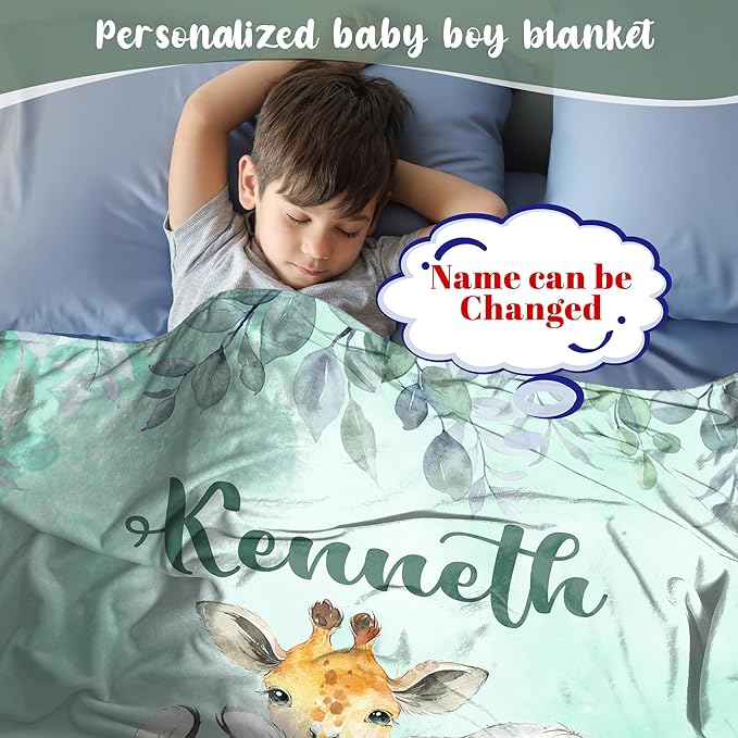 J&SBGFT Personalised Custom Baby Blanket for Boys, Toddlers, Kids - Safari Animal Green
