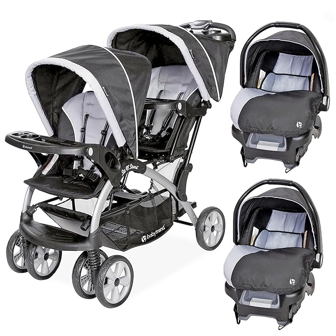 Baby Trend Infant and Toddler Double Stroller & 2 Car Seat Combo, 3 Pc Set, Stormy - Portable and Lightweight Stroller Duo and Car Seat Travel System Tandem